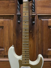 Load image into Gallery viewer, FREAKIN! Danocaster Strat 2014 White with Anodized Gold Pickguard V-Neck (Video Demo)
