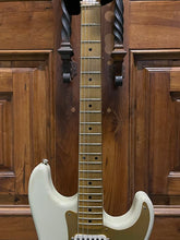Load image into Gallery viewer, FREAKIN! Danocaster Strat 2014 Nicotine White with Anodized Gold Pickguard V-Neck (Video Demo)