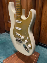 Load image into Gallery viewer, FREAKIN! Danocaster Strat 2014 Nicotine White with Anodized Gold Pickguard V-Neck (Video Demo)